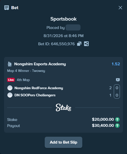 Bet slip: Nongshim Esports Academy - DN SOOPers Challengers, $20,000.00 stake at 1.52 odds, placed by haroldfinchh
