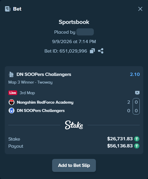 Bet slip: Nongshim Esports Academy - DN SOOPers Challengers, $26,731.83 stake at 2.10 odds, placed by fantasy7788