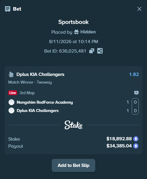 Bet slip: Nongshim Esports Academy - Dplus KIA Challengers, $18,891.50 stake at 1.82 odds, placed by Hidden