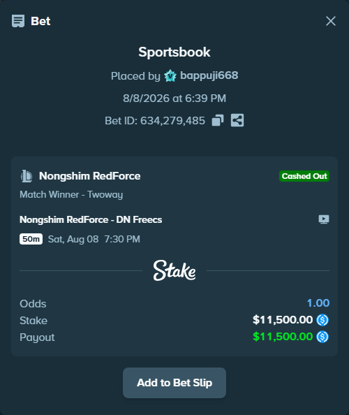 Bet slip: Nongshim RedForce - DN SOOPers, $11,500.00 stake at 1.28 odds, placed by bappuji668