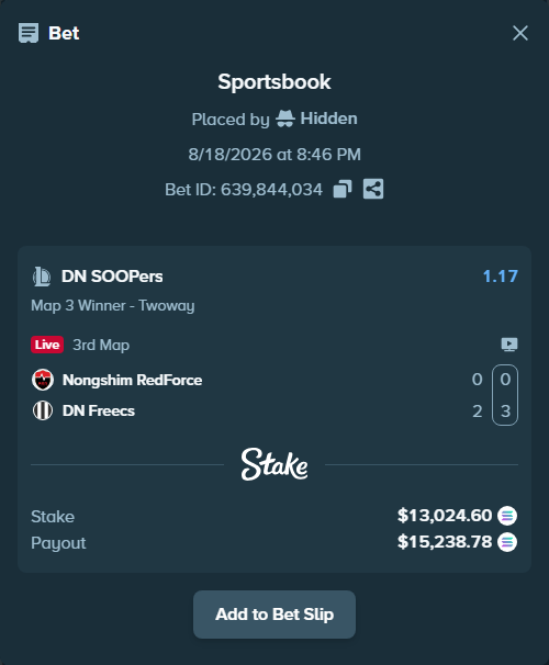 Bet slip: Nongshim RedForce - DN SOOPers, $13,079.47 stake at 1.17 odds, placed by Hidden