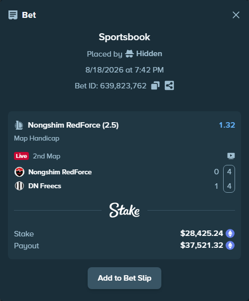 Bet slip: Nongshim RedForce - DN SOOPers, $28,702.05 stake at 1.32 odds, placed by Hidden