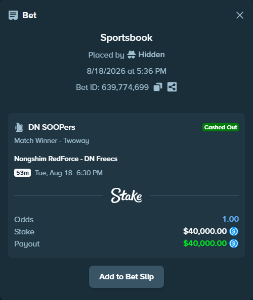 Bet slip: Nongshim RedForce - DN SOOPers, $40,000.00 stake at 1.90 odds, placed by Hidden