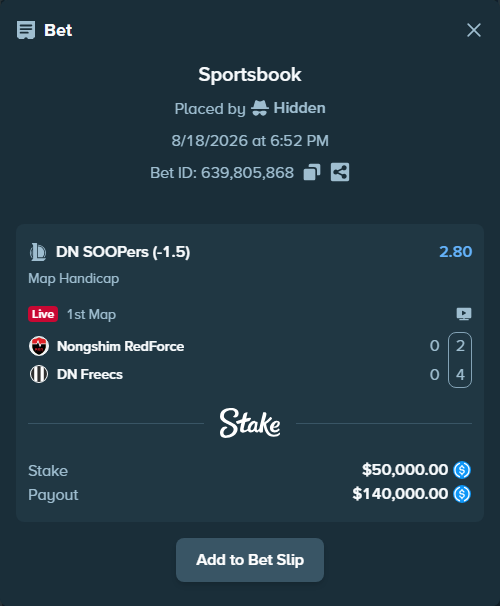 Bet slip: Nongshim RedForce - DN SOOPers, $50,000.00 stake at 2.80 odds, placed by Hidden