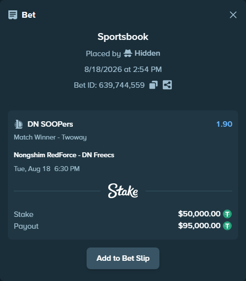 Bet slip: Nongshim RedForce - DN SOOPers, $50,050.00 stake at 1.90 odds, placed by Hidden