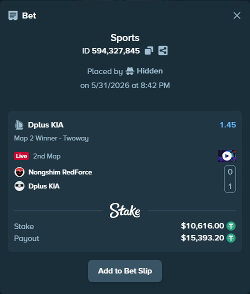 Bet slip: Nongshim RedForce - Dplus KIA, $10,626.62 stake at 1.45 odds, placed by Hidden