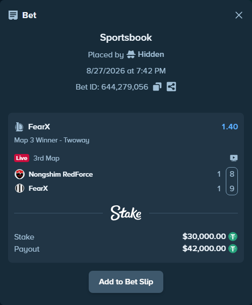 Bet slip: Nongshim RedForce - FearX, $30,000.00 stake at 1.40 odds, placed by Hidden