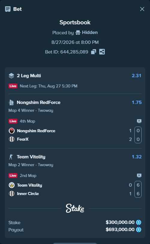 Bet slip: Nongshim RedForce - FearX, $300,000.00 stake at 1.75 odds, placed by Hidden