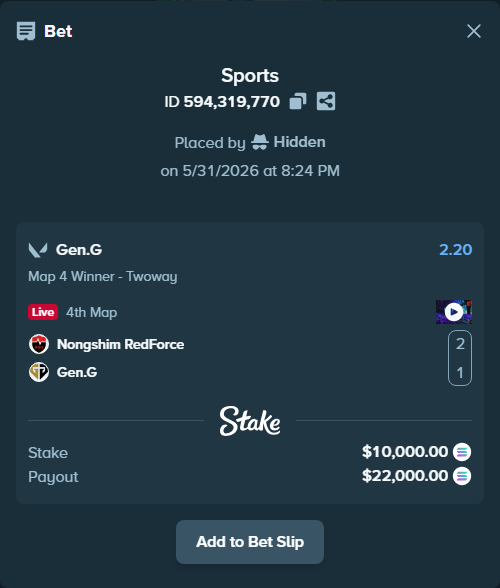 Bet slip: Nongshim RedForce - Gen.G, $8,904.63 stake at 2.20 odds, placed by Hidden