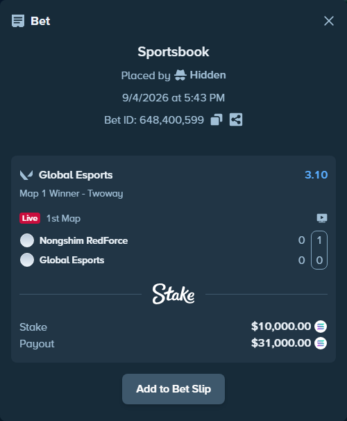 Bet slip: Nongshim RedForce - Global Esports, $10,062.59 stake at 3.10 odds, placed by Hidden
