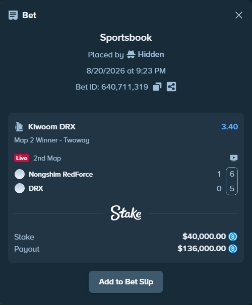 Bet slip: Nongshim RedForce - Kiwoom DRX, $40,000.00 stake at 3.40 odds, placed by Hidden