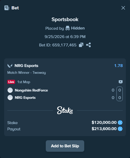 Bet slip: Nongshim RedForce - NRG Esports, $120,000.00 stake at 1.78 odds, placed by Hidden