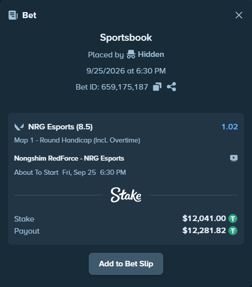 Bet slip: Nongshim RedForce - NRG Esports, $12,041.00 stake at 1.02 odds, placed by omomomomomm