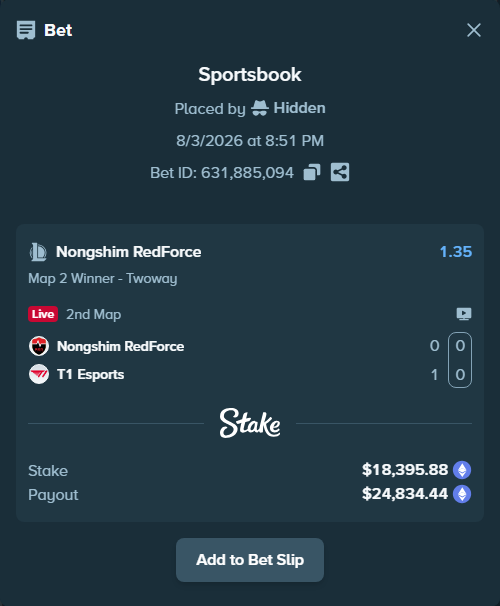 Bet slip: Nongshim RedForce - T1 Esports, $19,024.90 stake at 1.35 odds, placed by Hidden