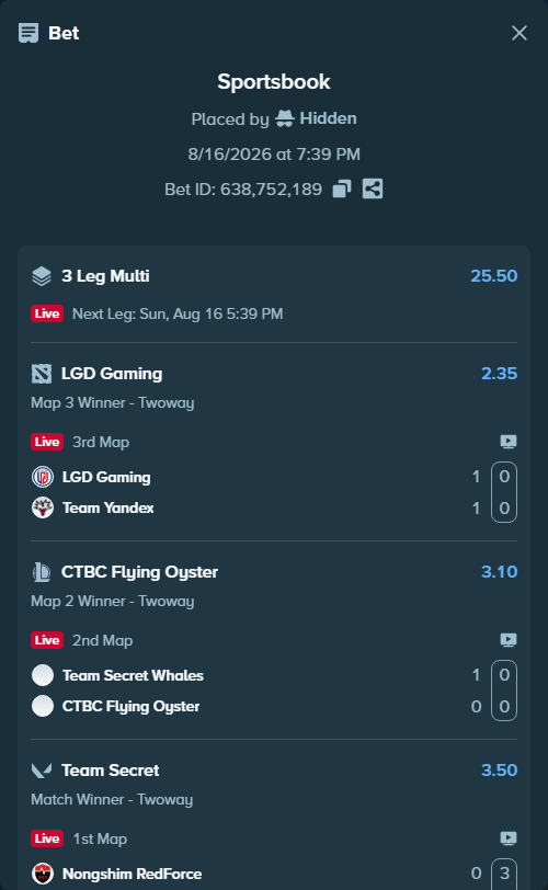Bet slip: Nongshim RedForce - Team Secret, $10,031.29 stake at 3.50 odds, placed by Hidden