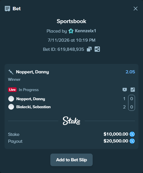 Bet slip: Noppert, Danny - Bialecki, Sebastian, $10,000.00 stake at 2.05 odds, placed by Kennzelx1