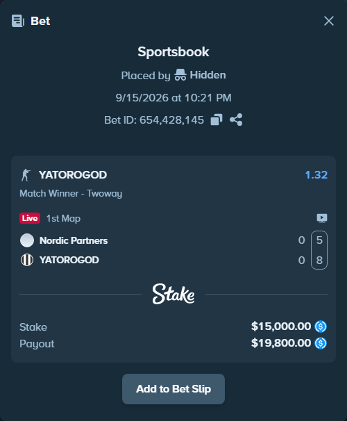 Bet slip: Nordic Partners Gaming - YATOROGOD, $15,000.00 stake at 1.32 odds, placed by Hidden