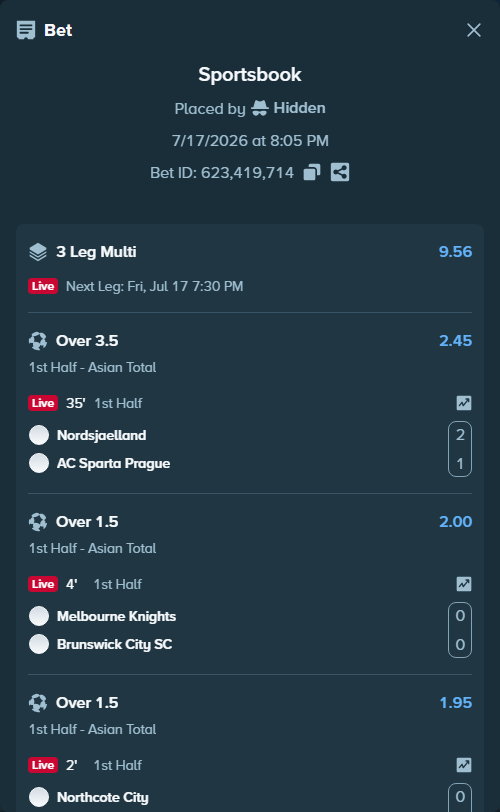 Bet slip: Nordsjaelland - Sparta Prague, $10,000.00 stake at 2.45 odds, placed by Hidden