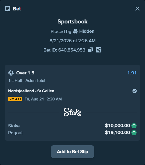 Bet slip: Nordsjaelland - St Gallen, $10,000.00 stake at 1.91 odds, placed by Hidden