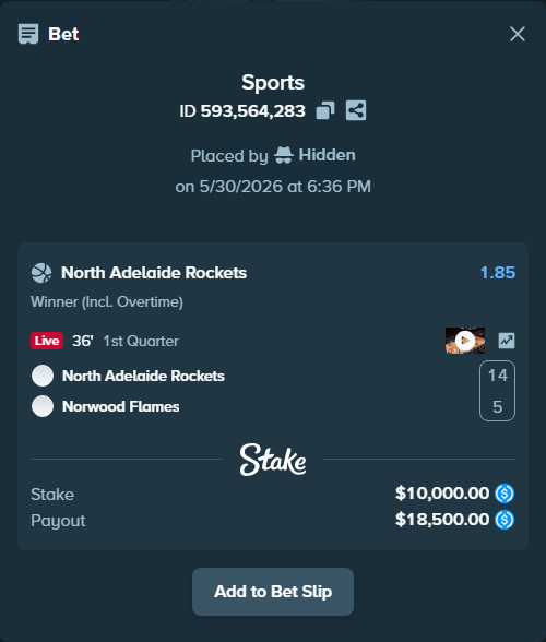 Bet slip: North Adelaide Rockets - Norwood Flames, $10,000.00 stake at 1.85 odds, placed by Hidden