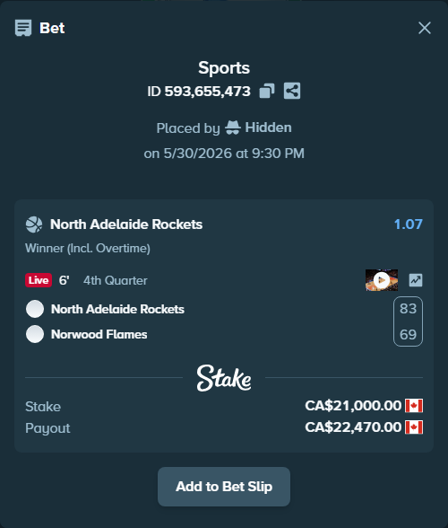 Bet slip: North Adelaide Rockets - Norwood Flames, $15,540.00 stake at 1.07 odds, placed by Hidden
