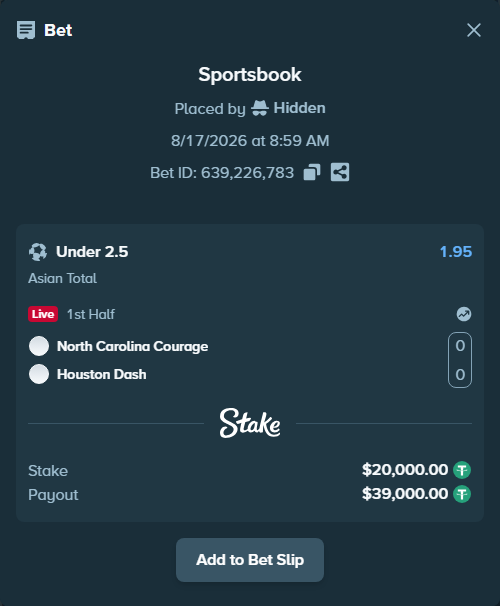 Bet slip: North Carolina Courage - Houston Dash, $20,020.00 stake at 1.95 odds, placed by Hidden