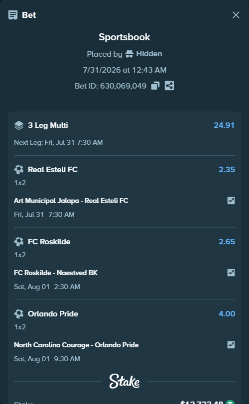 Bet slip: North Carolina Courage - Orlando Pride, $12,746.21 stake at 4.00 odds, placed by Hidden