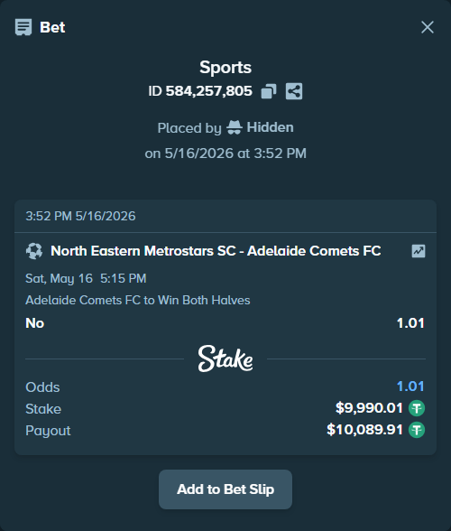 Bet slip: North Eastern Metrostars SC - Adelaide Comets FC, $10,000.00 stake at 1.01 odds, placed by Hidden
