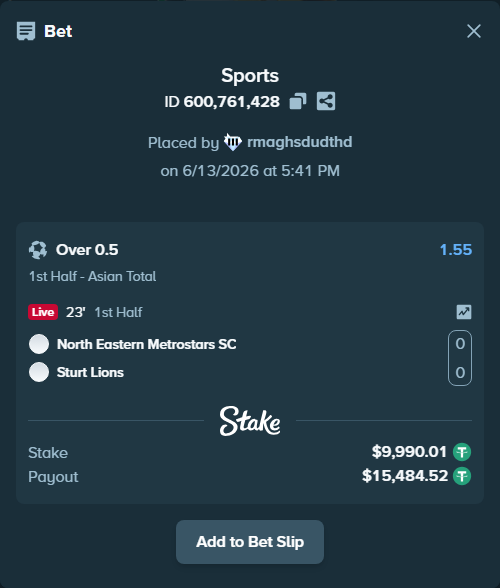 Bet slip: North Eastern Metrostars SC - OCCE, $10,000.00 stake at 1.55 odds, placed by rmaghsdudthd