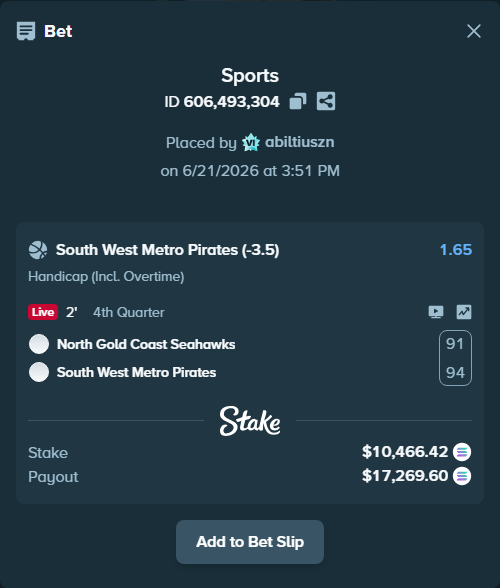 Bet slip: North Gold Coast Seahawks - South West Metro Pirates, $10,412.55 stake at 1.65 odds, placed by abiltiuszn