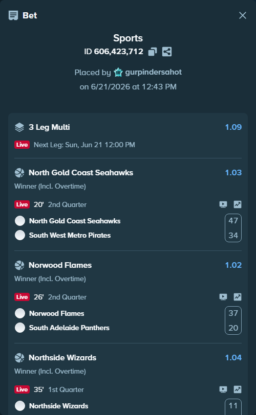 Bet slip: North Gold Coast Seahawks - South West Metro Pirates, $16,964.50 stake at 1.03 odds, placed by gurpindersahot