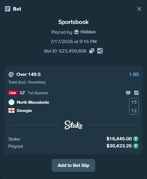 Bet slip: North Macedonia - Georgia, $16,461.44 stake at 1.85 odds, placed by Hidden