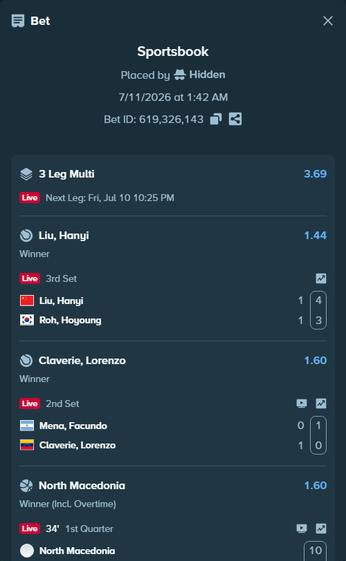 Bet slip: North Macedonia - Slovakia, $11,000.00 stake at 1.60 odds, placed by Hidden