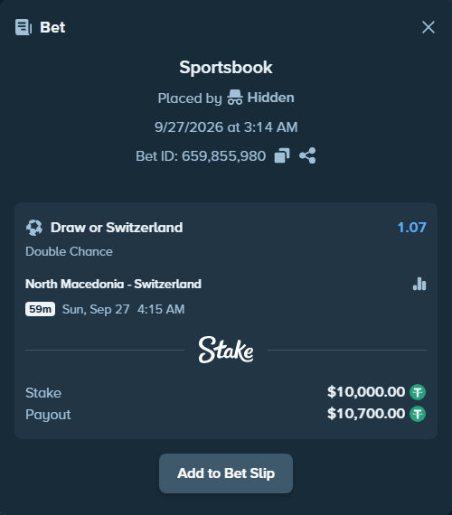 Bet slip: North Macedonia - Switzerland, $10,000.00 stake at 1.07 odds, placed by orageq76