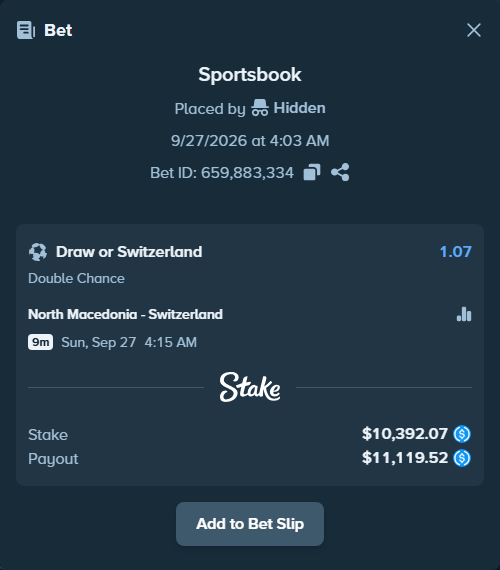 Bet slip: North Macedonia - Switzerland, $10,392.07 stake at 1.07 odds, placed by bjellesau17