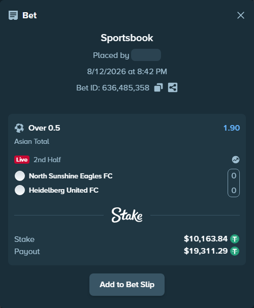 Bet slip: North Sunshine Eagles FC - Heidelberg United FC, $10,174.00 stake at 1.90 odds, placed by tlwns4736