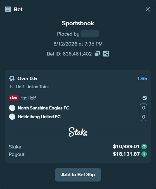 Bet slip: North Sunshine Eagles FC - Heidelberg United FC, $11,000.00 stake at 1.65 odds, placed by tlwns4736