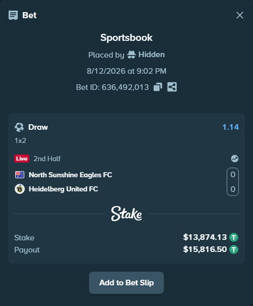 Bet slip: North Sunshine Eagles FC - Heidelberg United FC, $13,888.00 stake at 1.14 odds, placed by wills2026