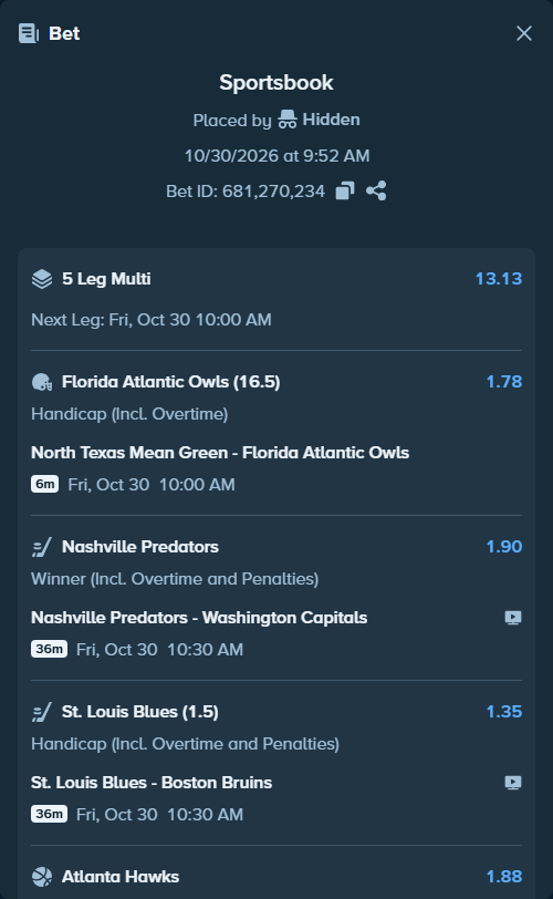 Bet slip: North Texas Mean Green - Florida Atlantic Owls, $10,020.00 stake at 1.78 odds, placed by Hidden