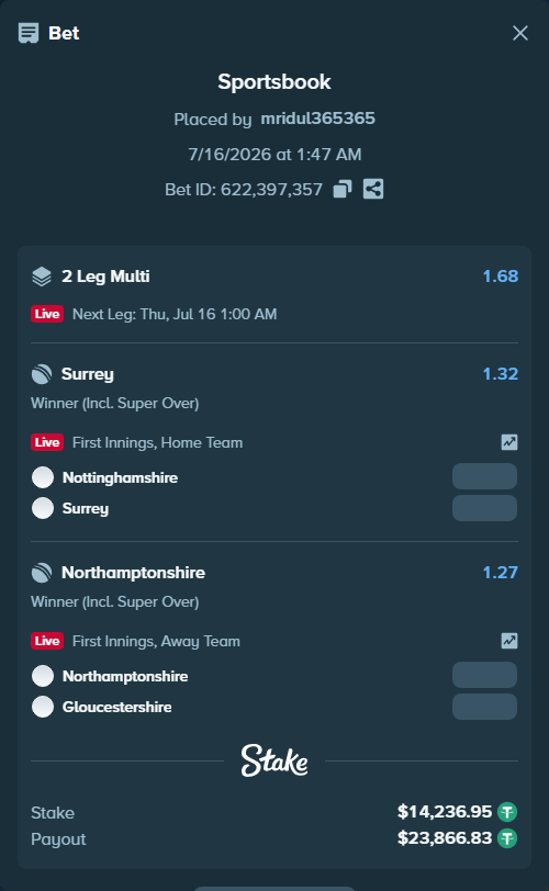 Bet slip: Northamptonshire - Gloucestershire, $14,251.19 stake at 1.27 odds, placed by mridul365365