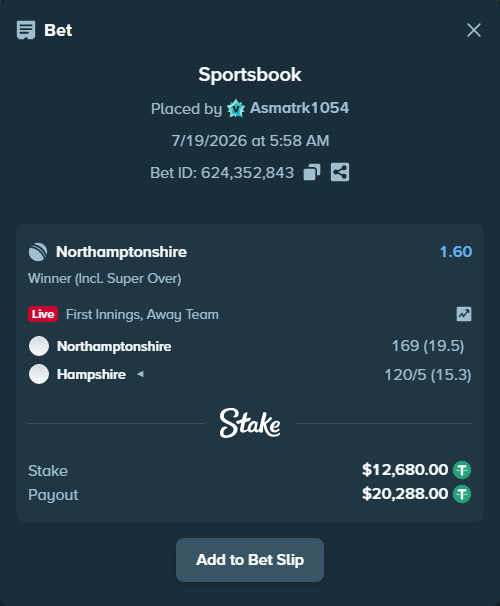 Bet slip: Northamptonshire - Hampshire, $12,692.68 stake at 1.60 odds, placed by Asmatrk1054