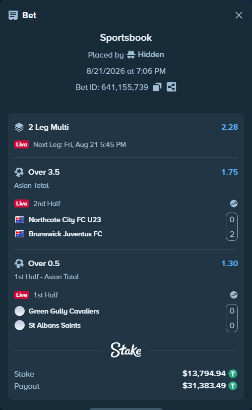 Bet slip: Northcote City FC - Brunswick Juventus FC, $13,794.94 stake at 1.75 odds, placed by Hidden