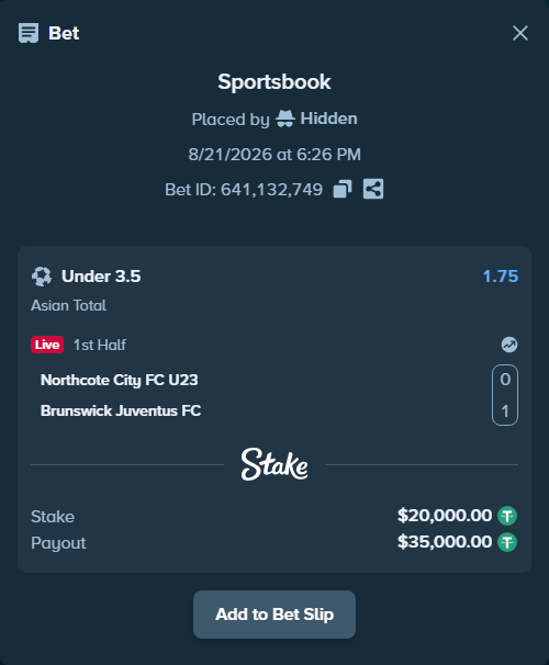 Bet slip: Northcote City FC - Brunswick Juventus FC, $20,000.00 stake at 1.75 odds, placed by Hidden