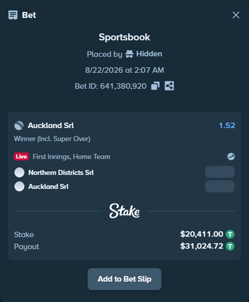 Bet slip: Northern Districts SRL - Auckland SRL, $20,411.00 stake at 1.52 odds, placed by Hidden