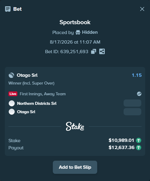 Bet slip: Northern Districts SRL - Otago SRL, $11,000.00 stake at 1.15 odds, placed by Hidden