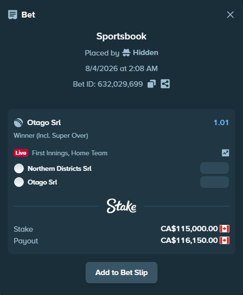 Bet slip: Northern Districts SRL - Otago SRL, $85,100.00 stake at 1.01 odds, placed by Hidden