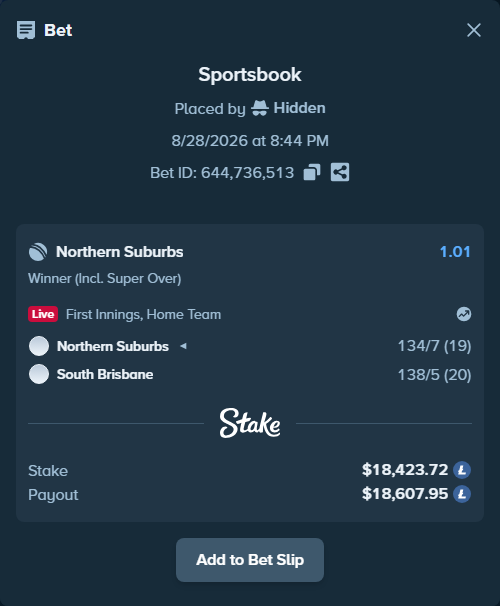 Bet slip: Northern Suburbs - South Brisbane, $18,409.56 stake at 1.01 odds, placed by Hidden