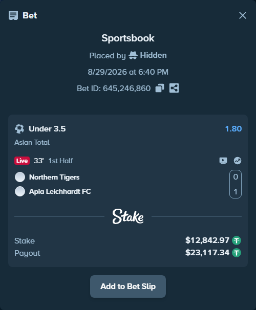 Bet slip: Northern Tigers - Apia Leichhardt FC, $12,842.97 stake at 1.80 odds, placed by Hidden