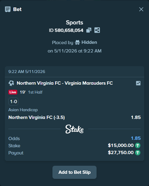 Bet slip: Northern Virginia FC - Virginia Marauders FC, $15,000.00 stake at 1.85 odds, placed by Hidden