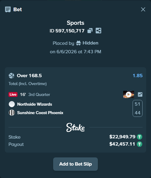 Bet slip: Northside Wizards - Sunshine Coast Phoenix, $22,949.79 stake at 1.85 odds, placed by Hidden